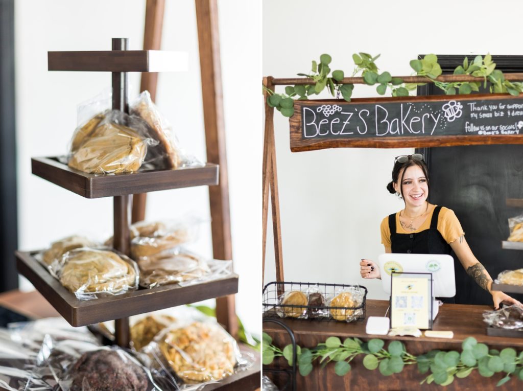 Collage of cookies on a tray and the owner of Beez's Bakery smiling at a grand opening in Clarksville, TN.