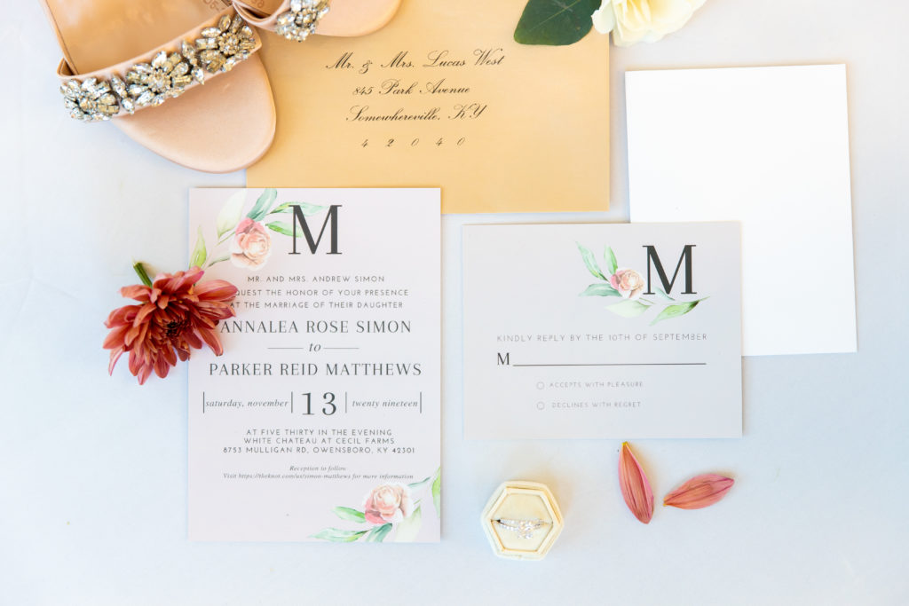 Floral wedding invitation with rsvp card and bridal heels with floral postage stamps.